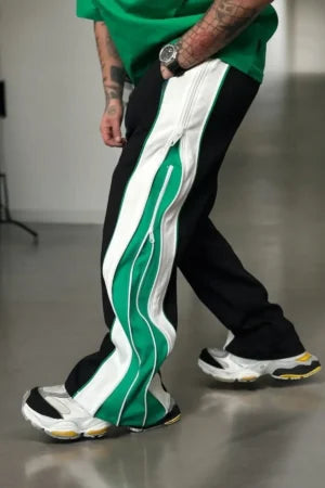 Green Straight Fit Baggy Pants 3 Way Zip Up Joggers