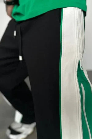 Green Straight Fit Baggy Pants 3 Way Zip Up Joggers