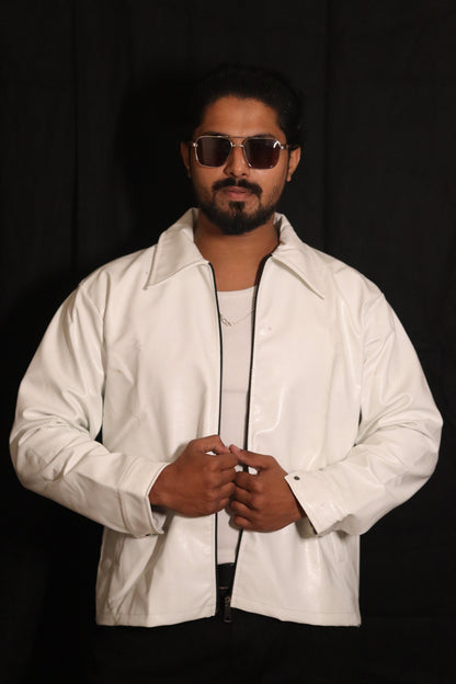 White Leather Biker Jacket for Men