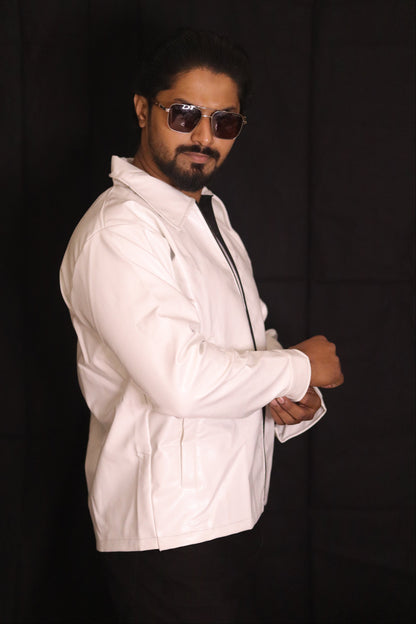 White Leather Biker Jacket for Men