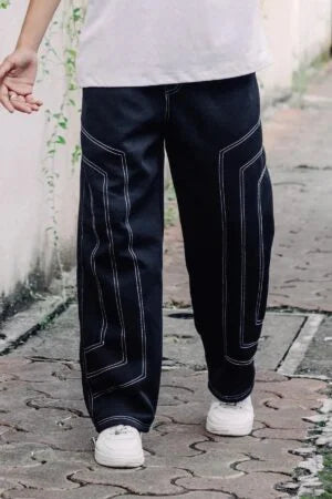 Black Contrast Stitch Baggy Track Pant