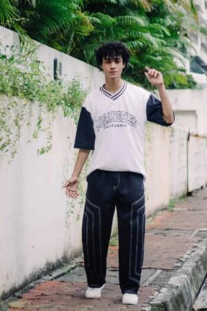 Black Contrast Stitch Baggy Track Pant